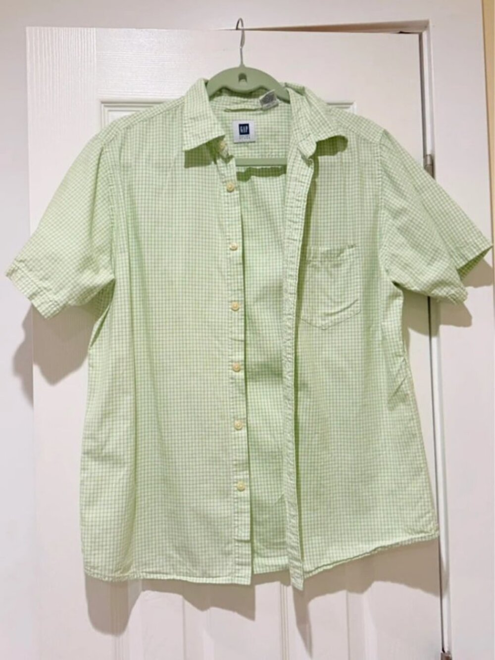 Women's Light Green Gingham Short Sleeve Button-Up Shirt Size S